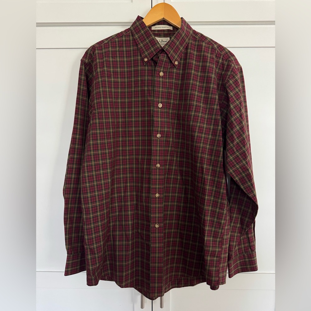 L.L. Bean Men's Button Down Shirt - Burgundy and Olive Plaid Mens M